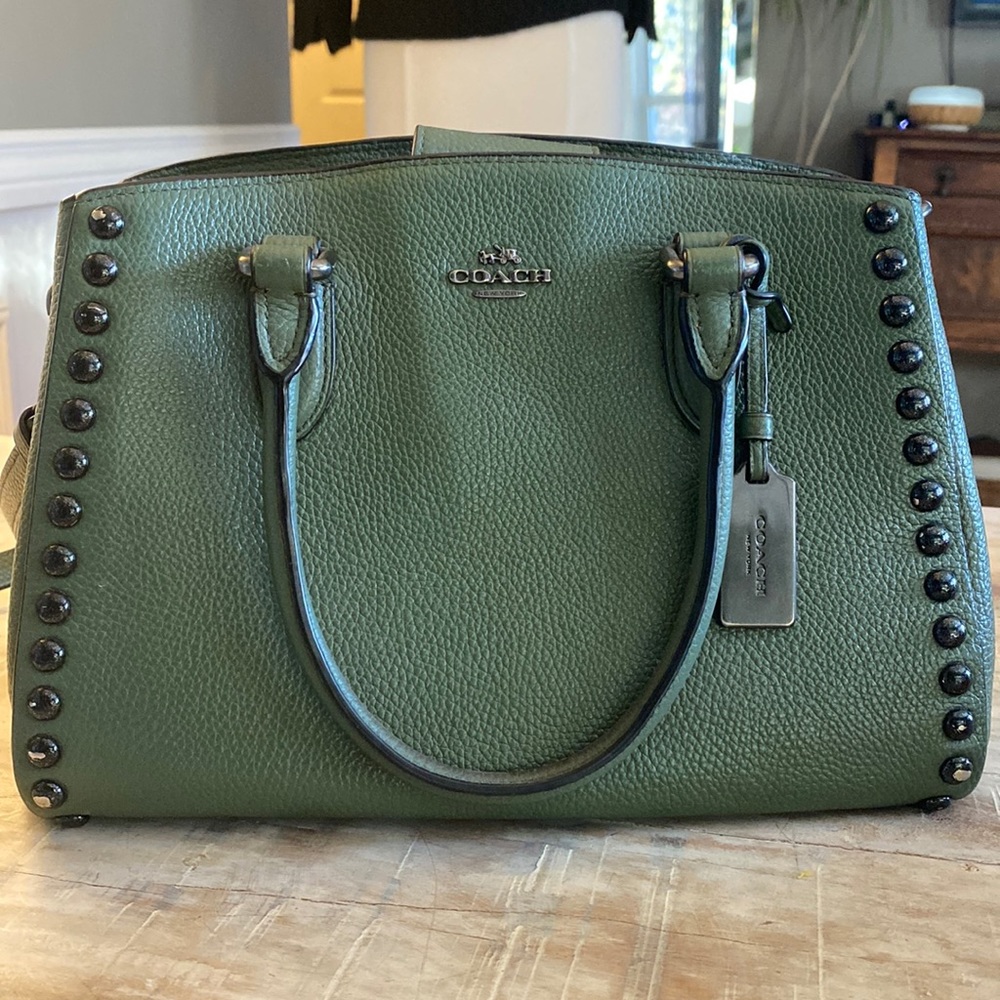 Coach leather green purse black studded 3 panel purse with long straps